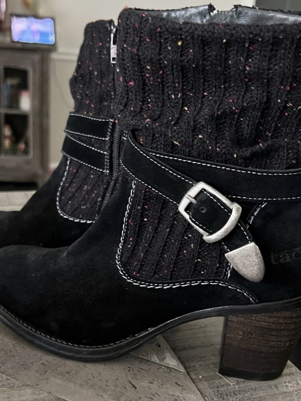Taos Footwear Black Suede Knit Cuff Ankle Boots with Silver Buckle